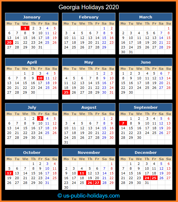 Georgia Holiday Calendar 2020